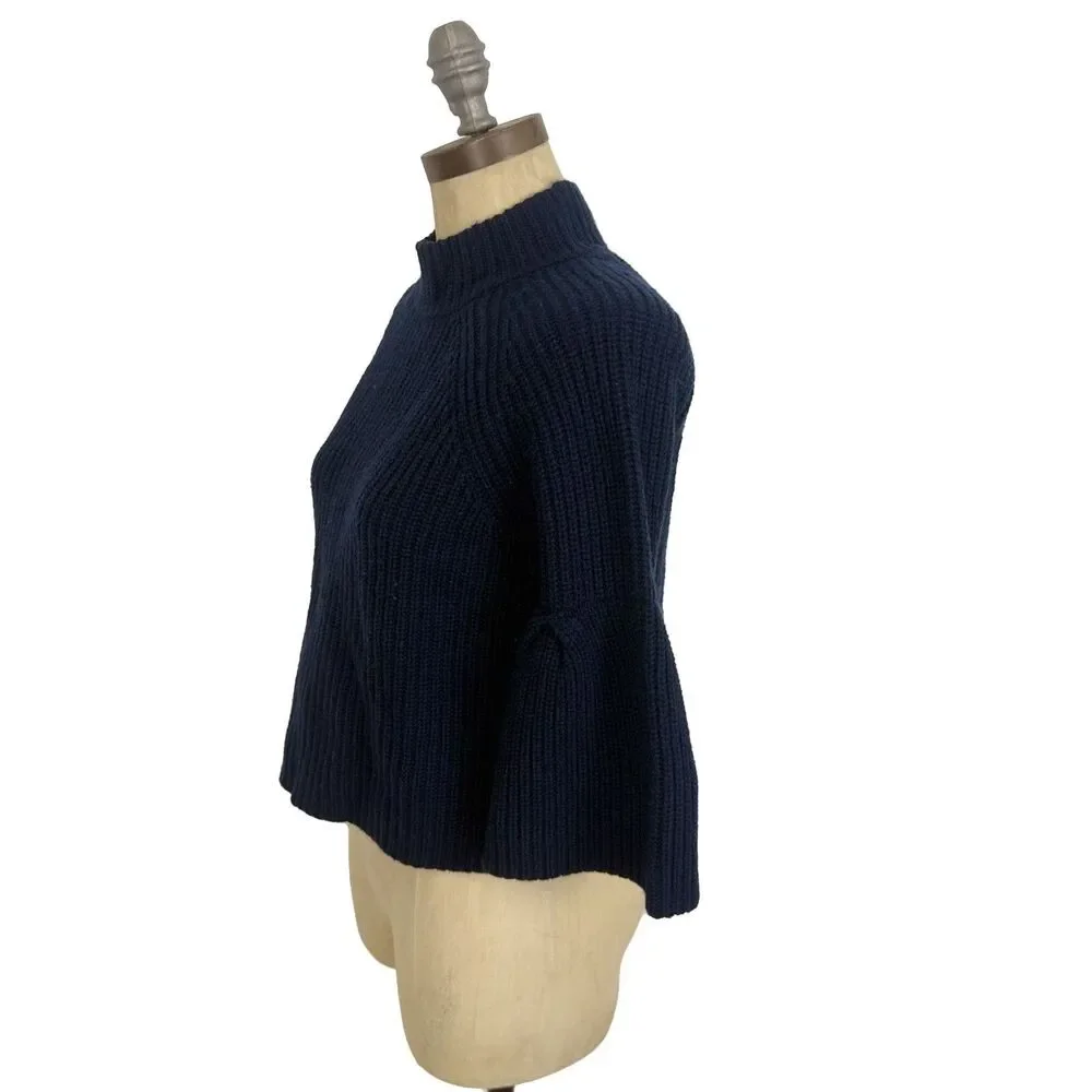 JOIE Cable Mock Neck Crop Sweater XXS Navy Blue Bell Sleeve Wool Cashmere EUC A4